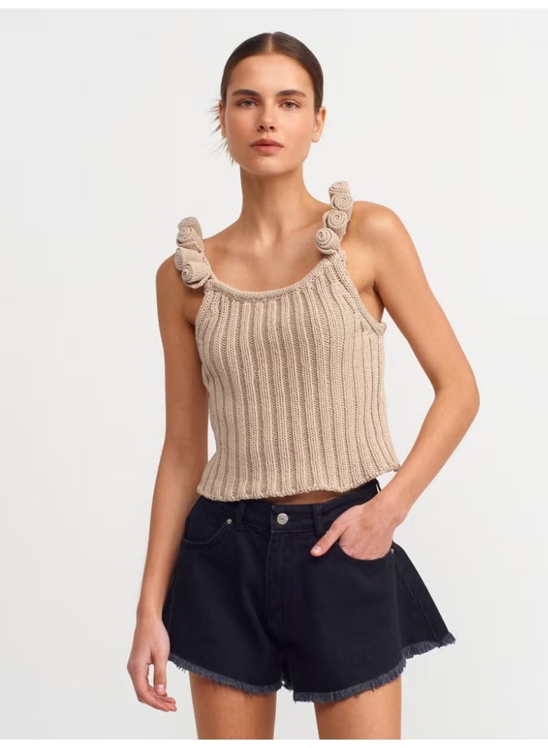 Dilvin 10524 Strappy Handmade Floral Detailed Knitwear Top-Beige - Image 1
